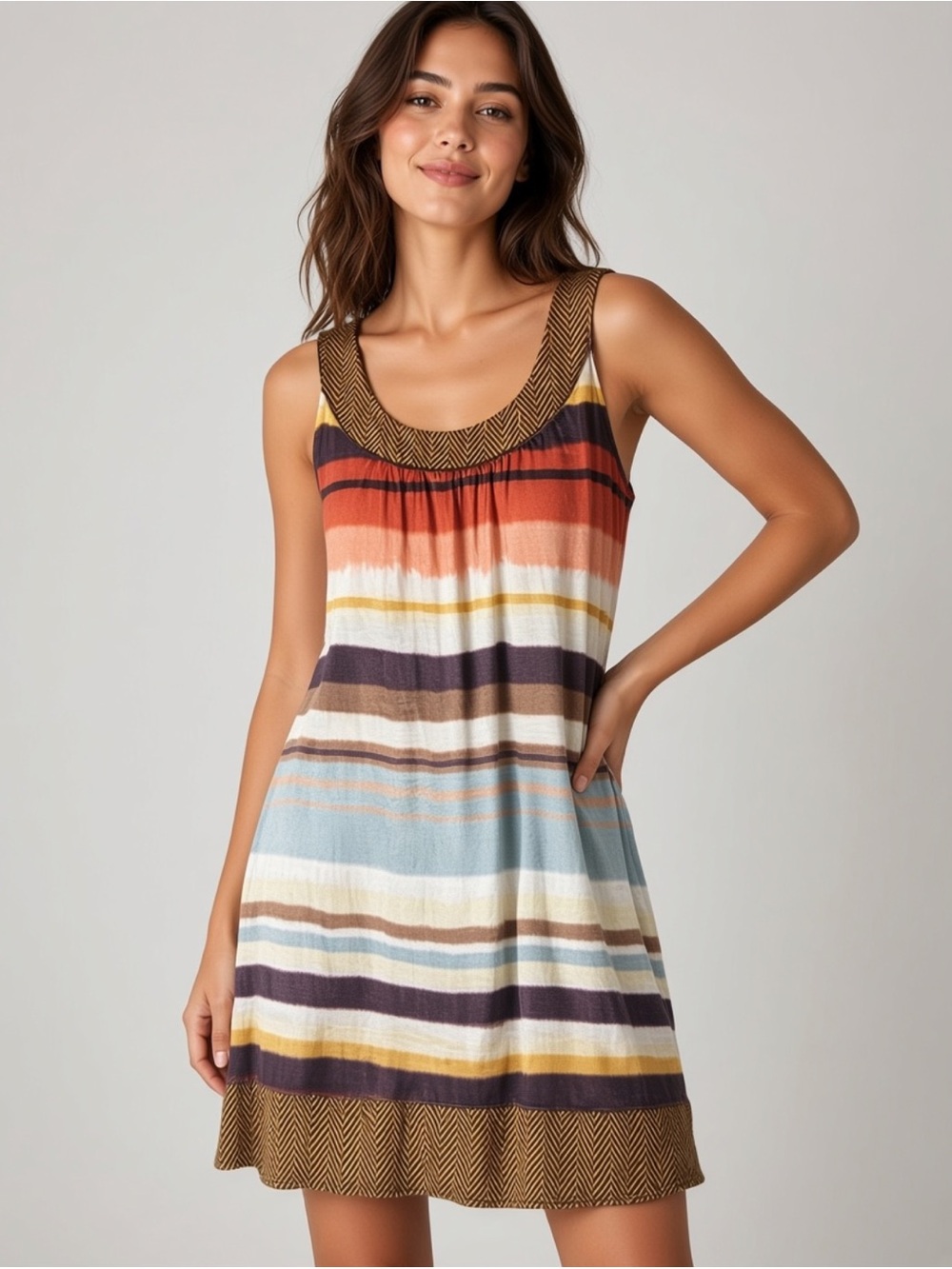 BCBGMAXAZRIA Boho Striped Tank Dress with Chevron Trim - Size M - Picture 1 of 5